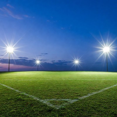 Floodlit soccer field at dusk