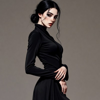 Woman in black dress side profile