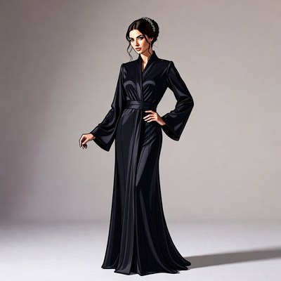Woman in black satin kimono robe