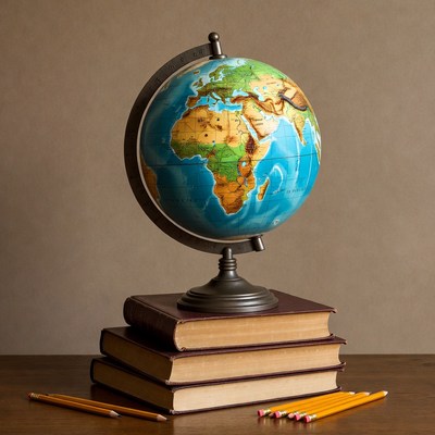Globe on Stack of Books with Pencils