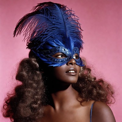 African-American woman in blue feather mask