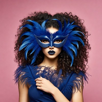 Woman in Blue Feather Masquerade Mask