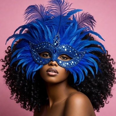African-American woman in blue feathered mask