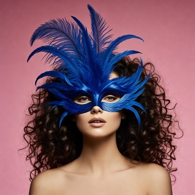 Woman in Blue Feather Masquerade Mask