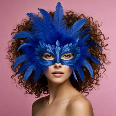 Woman wearing blue feathered masquerade mask