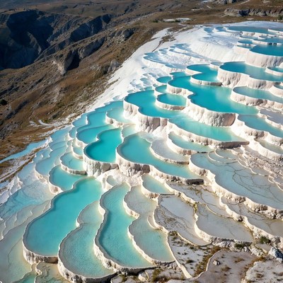 Terraced turquoise pools in mountains