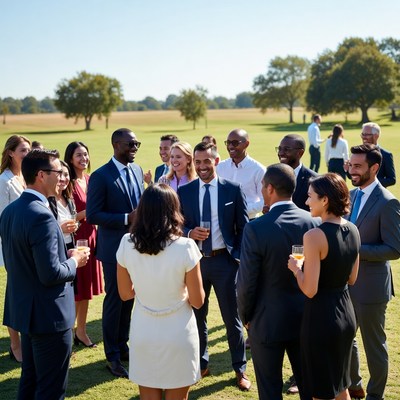 Diverse business professionals networking outdoors