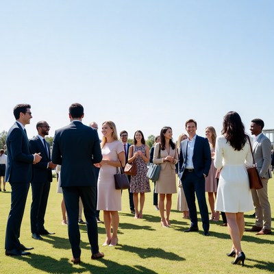 Diverse group conversing on green grass