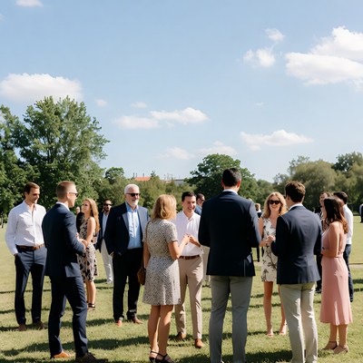 Group of people conversing outdoors on grass