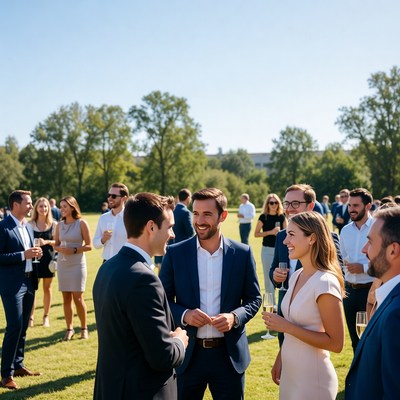 Business people networking at outdoor party