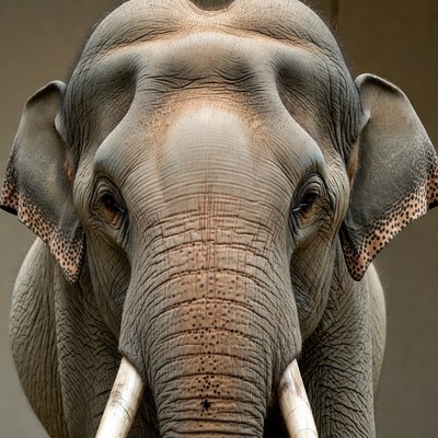 Close-up elephant face with tusks