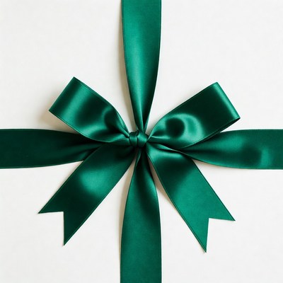 Green satin bow on white gift
