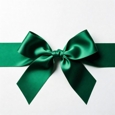 Green satin bow on white background