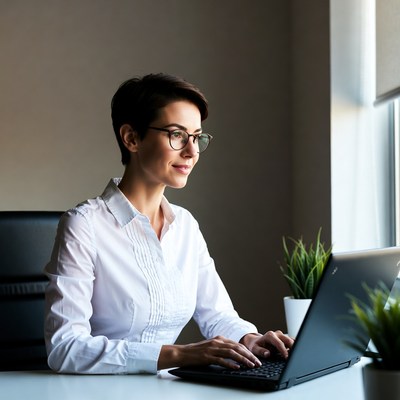 Woman working on laptop at desk