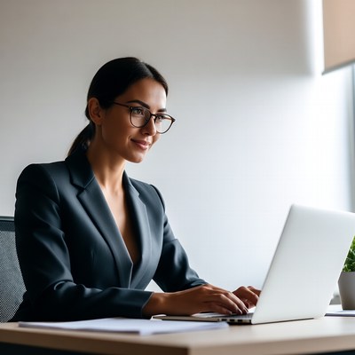 Woman working on laptop at desk