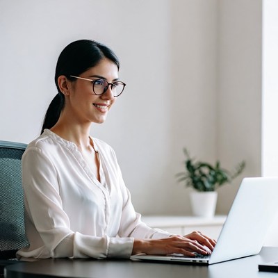 Asian woman typing on laptop