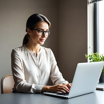 Woman working on laptop at desk