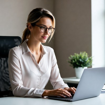 Woman working on laptop at desk