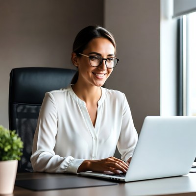 Smiling woman working on laptop