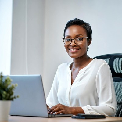African-American woman typing on laptop