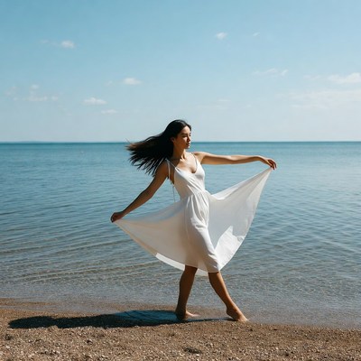 Asian woman in white dress at beach