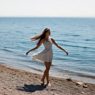 Woman dancing on beach in white dress