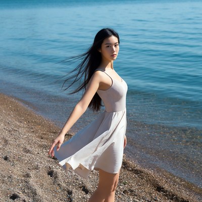 Asian woman in white dress on beach