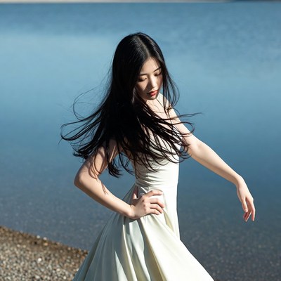 Asian woman dancing by lake