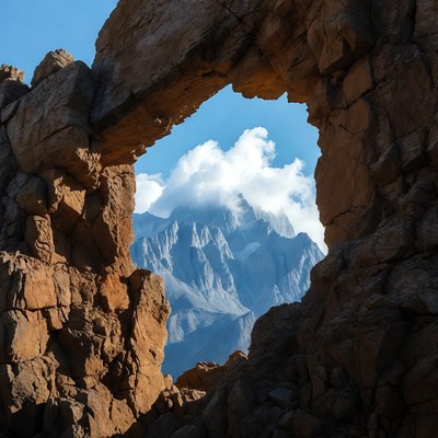 Natural rock arch framing mountains
