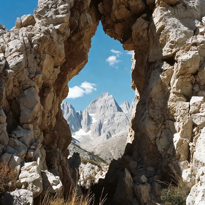 Rock Arch Framing Snowy Mountains