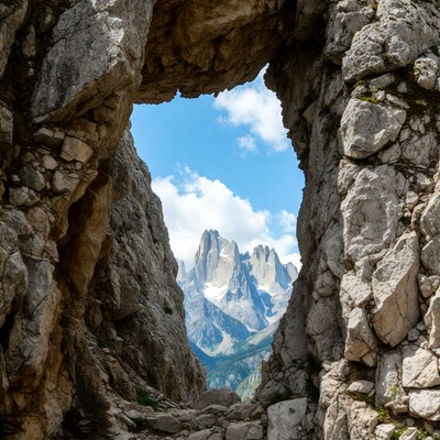 Rock Arch Framing Snowy Mountains