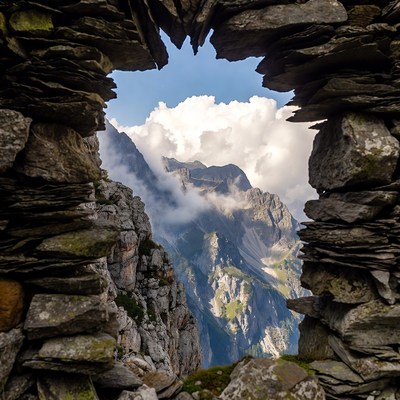 Mountain View Through Stone Window
