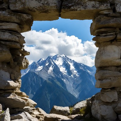 Mountain View Through Stone Window