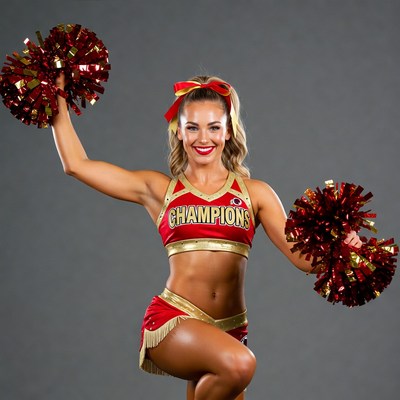 Blonde cheerleader with red pom poms