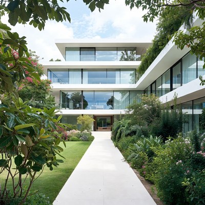 Modern White House with Green Roof and Pathway