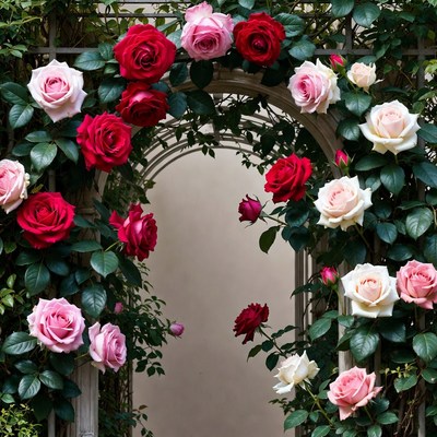 Rose Archway with Red Pink White Blooms