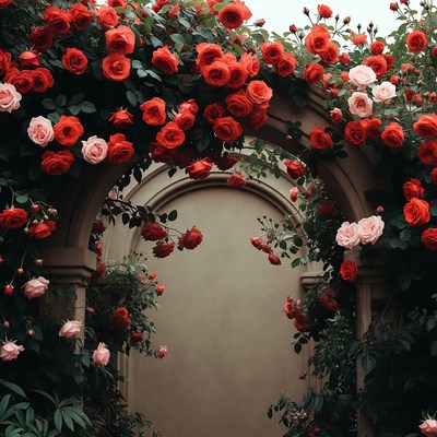 Red Roses Climbing Stone Arch