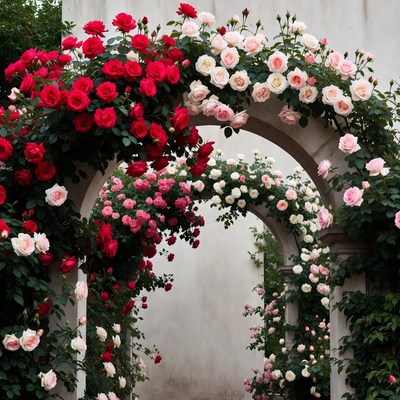 Red and Pink Roses on Stone Arch