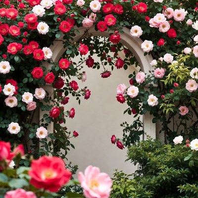 Pink and Red Roses on White Arch
