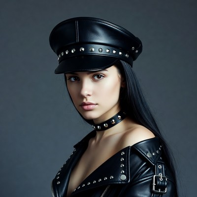 Woman in leather hat and jacket