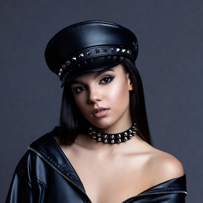 Woman in spiked leather hat and choker