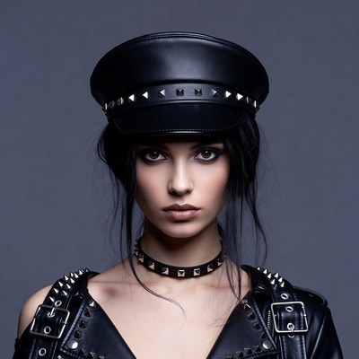 Woman in leather hat and studded jacket