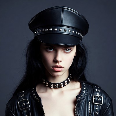 Woman in leather hat and jacket
