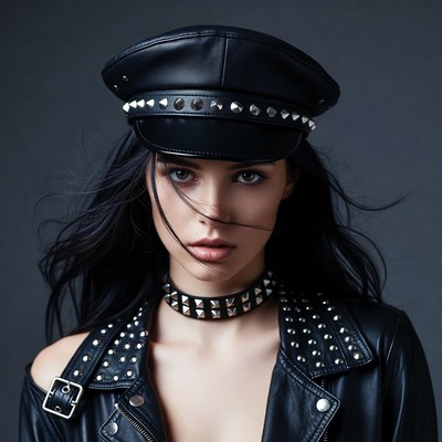 Woman in leather hat and choker
