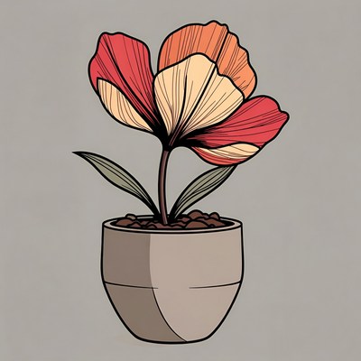 Red Flower in Gray Pot Illustration