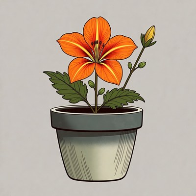 Orange Lily Flower in Gray Pot