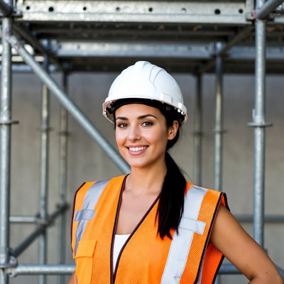 Smiling woman in hard hat and vest