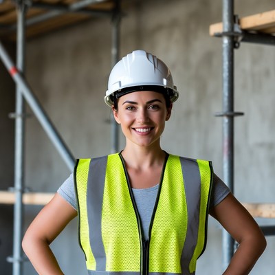 Smiling woman in hard hat and hi-vis vest