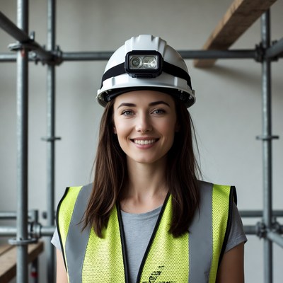 Smiling woman in hard hat and hi-vis vest
