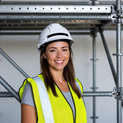 Smiling woman in hard hat and hi-vis vest